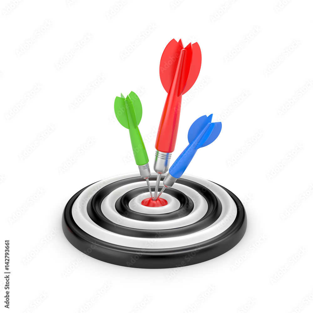 Colored darts in the target center of dartboard. 3d illustration Colored darts in the target center of dartboard. 3d illustration
