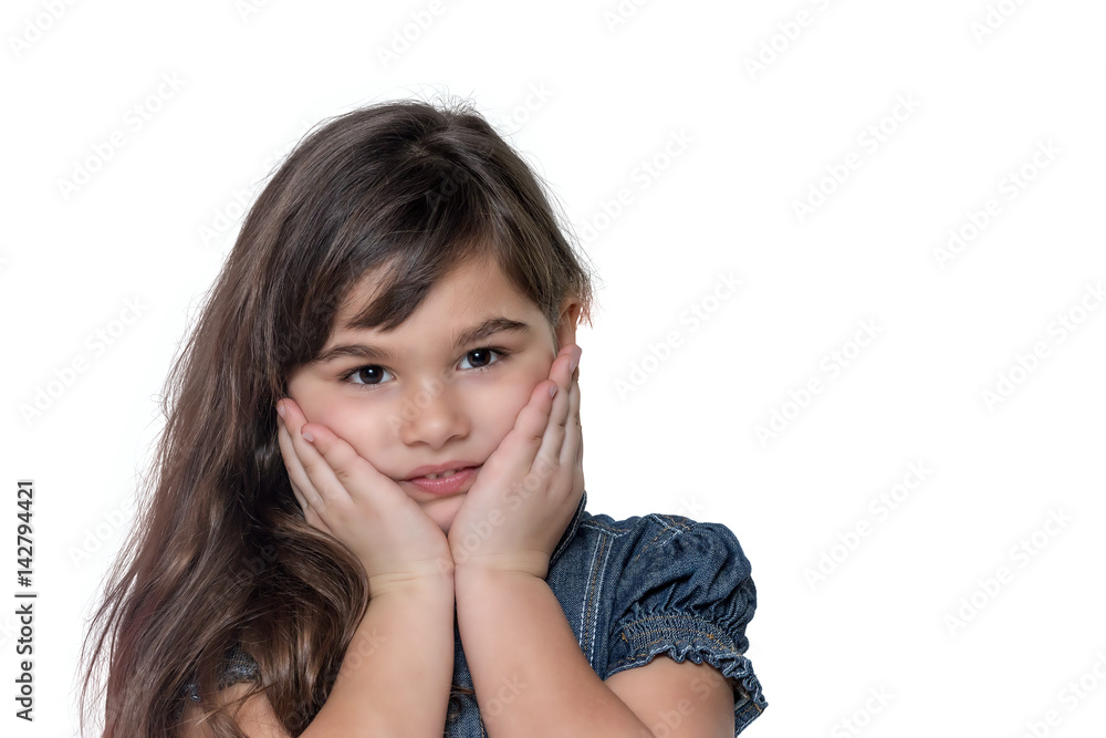 Portrait of expecting surprises brunette long haired little girl isolated on the white background. The girl is holding her face by both hands. Portrait of expecting surprises brunette long haired little girl isolated on the white background. The girl is holding her face by both hands.