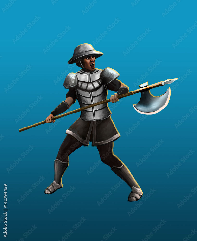 Naklejka premium Medieval hulberdist in the fighting stance