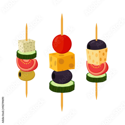 Canapes, tapas in flat style. Buffet, restaurant food, appetizer, snack.