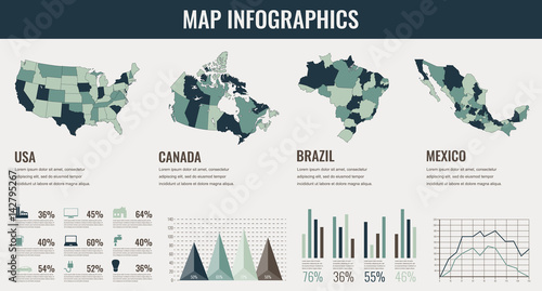 Infographics Elements set with collection Maps of America. USA, Canada, Brazil, Mexico infographics maps. Vector