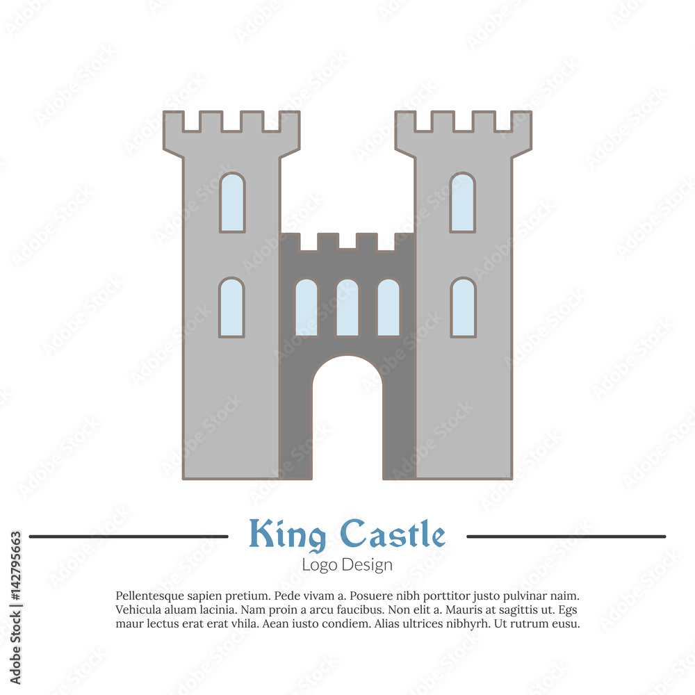 Medieval King castle, tower. Single logo in modern flat, thin line style isolated on white background. Colorful medieval theme symbol. Simple medieval pictogram, logotype template. Vector illustration Medieval King castle, tower. Single logo in modern flat, thin line style isolated on white background. Colorful medieval theme symbol. Simple medieval pictogram, logotype template. Vector illustration