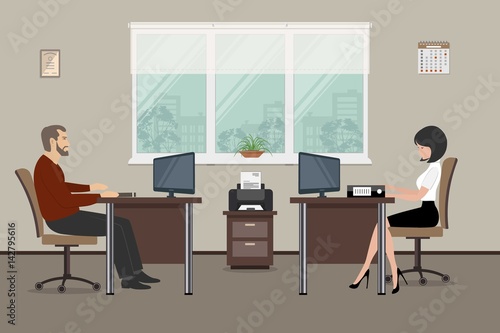 Web banner of two office workers. The young woman and man are an employees at work. There is furniture in brown color on a windows background in the picture. Vector flat illustration