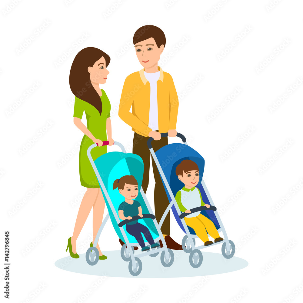 Young family walking in the Park, driven wheelchairs with children.