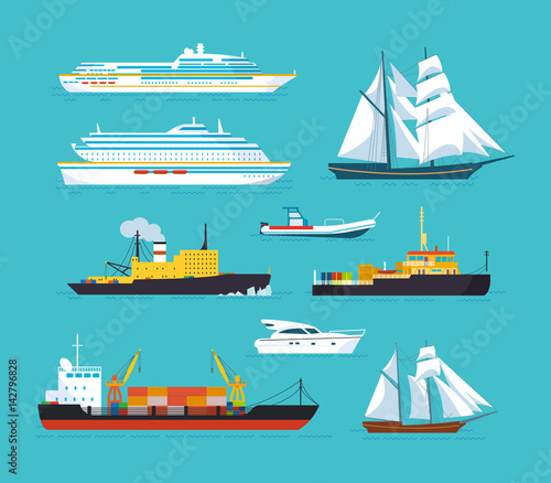 Photo Set of ships in modern flat style: ships, boats, ferries.