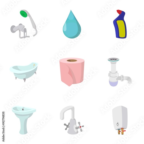 Plumbing icons set, cartoon style