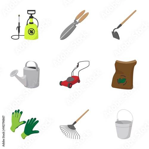 Garden items icons set, cartoon style