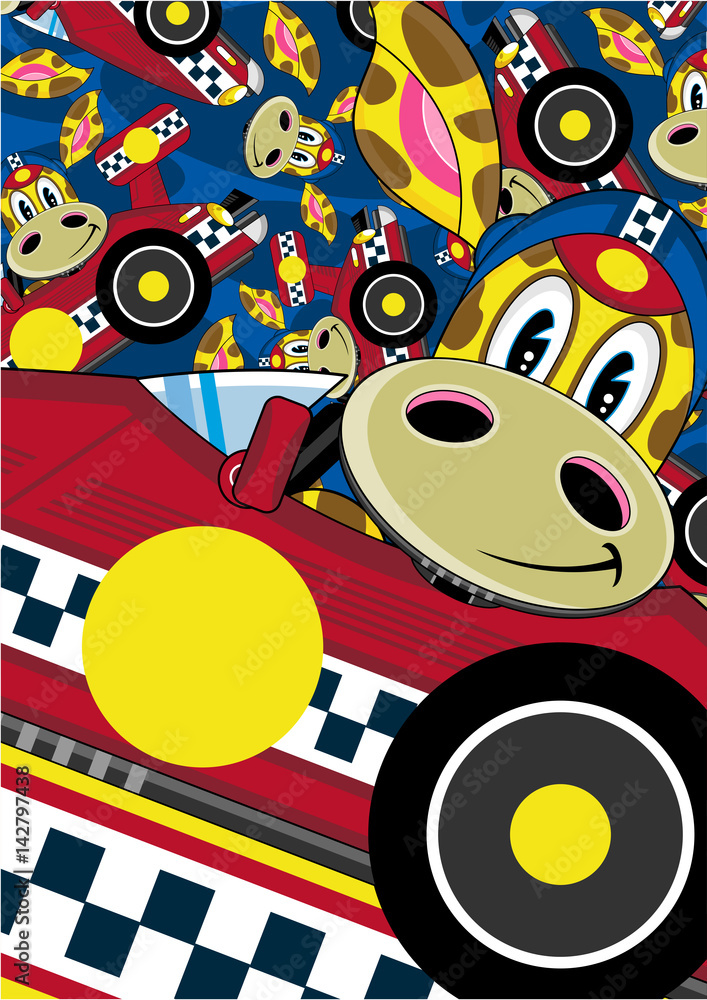 Cartoon Giraffe Racing Car Driver