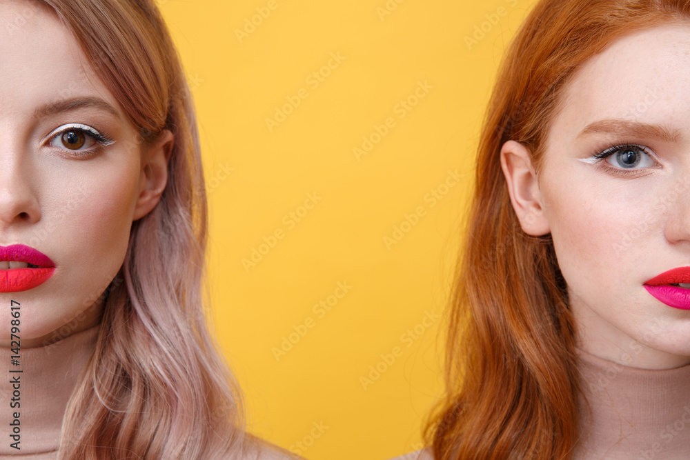 Cropped image of young two ladies with bright makeup lips Cropped image of young two ladies with bright makeup lips