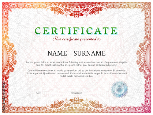 Certificate template with guilloche elements. Red diploma border design for personal conferment. Vector illustration for award, patent, validation, license, education, authentication, achievement, etc