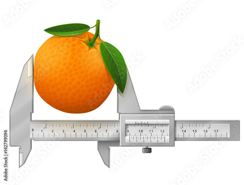 Horizontal caliper measures orange fruit. Concept of orange with leaves and measuring tool. Qualitative vector illustration for fruits, agriculture, cooking, farming, gastronomy, gardening, etc