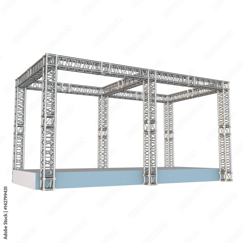 Steel truss girder rooftop construction with outdoor festival stage. 3d render podium isolated on white.