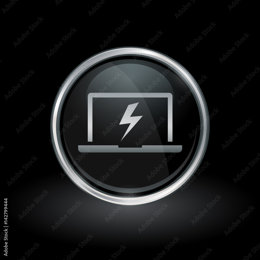 Notebook charge symbol with laptop bolt flash icon inside round chrome silver and black button emblem on black background. Vector illustration. Notebook charge symbol with laptop bolt flash icon inside round chrome silver and black button emblem on black background. Vector illustration.