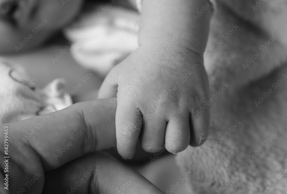Close-up of baby's hand holding mother's finger with tenderness, black and white Close-up of baby's hand holding mother's finger with tenderness, black and white
