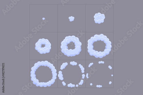 Cloud explosion effect animation. Game design cartoon animation frames. Flash.