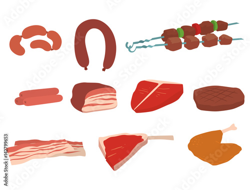 Meat products set of cartoon delicious barbecue kebab variety delicious gourmet meal and animal assortment slice lamb cooked vector illustration