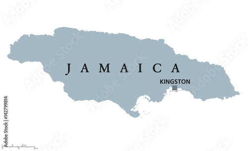 Jamaica political map with capital Kingston. Country in the Caribbean Sea and third-largest island of the Greater Antilles. Gray illustration isolated on white background. English labeling. Vector.