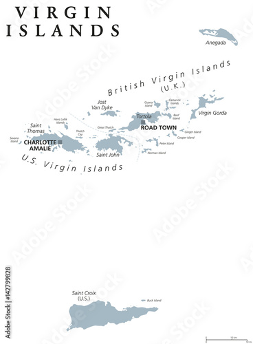 Virgin Islands political map. Island group between Caribbean Sea and Atlantic Ocean. Part of Lesser Antilles and Leeward Islands. Gray illustration on white background. English labeling. Vector.