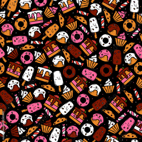 Seamless vector pattern of dessert food. Hand drawn wallpaper of dessert food