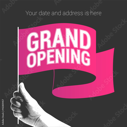 Grand opening vector illustration, banner with red flag