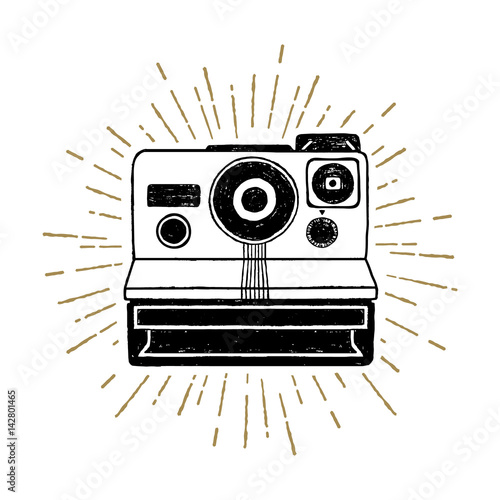 Hand drawn 90s themed icon with instant camera textured vector illustration.