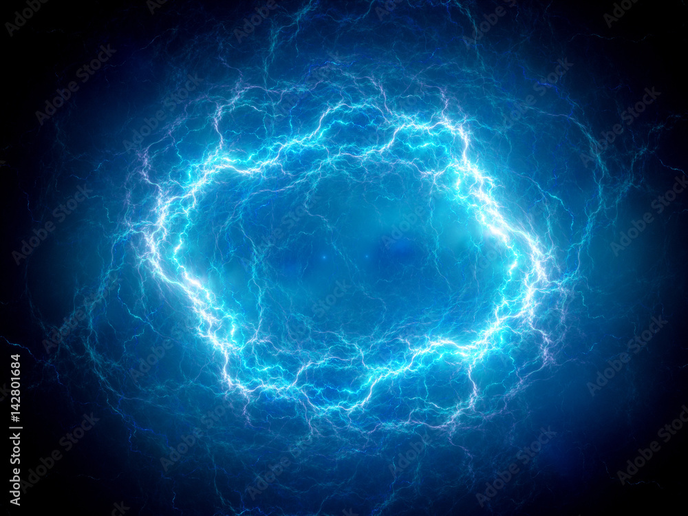 Fototapeta premium Niebieskie świecące kuliste pioruny plazmowe o wysokiej energii w przestrzeni