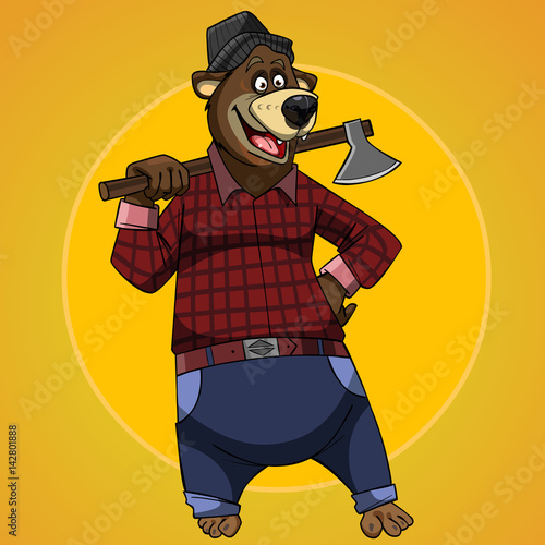 cartoon character bear dressed in the clothes of a lumberjack with an axe