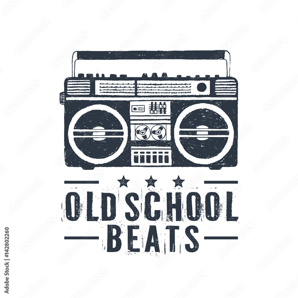 Fototapeta premium Hand drawn 90s themed badge with boombox recorder textured vector illustration and 