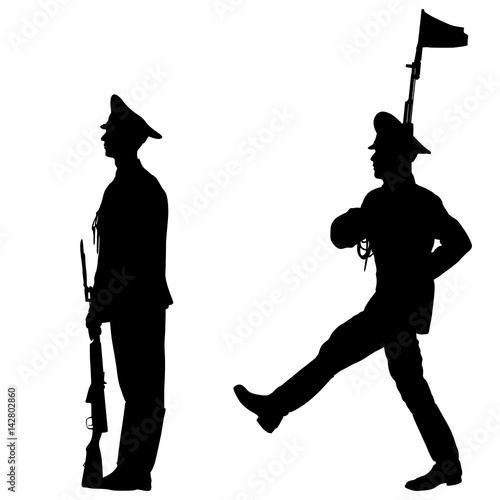 Black set silhouette soldier is marching with arms on parade