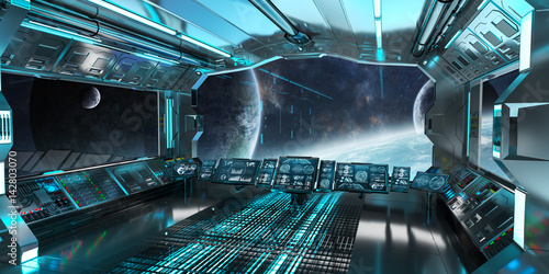 Fototapeta Naklejka Na Ścianę i Meble -  Spaceship interior with view on distant planets system 3D rendering elements of this image furnished by NASA