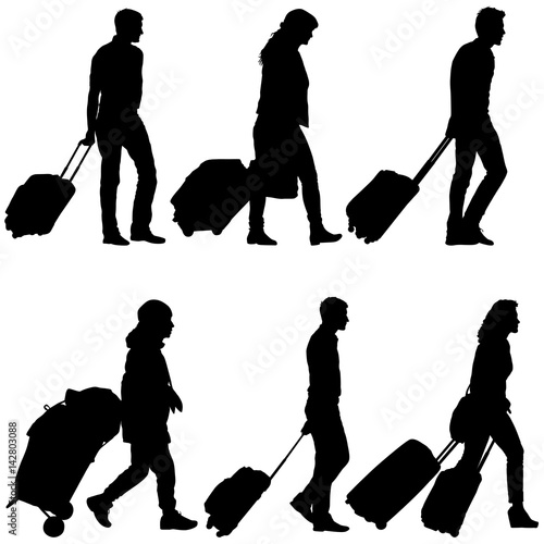 Set black silhouettes travelers with suitcases on white background. Vector illustration