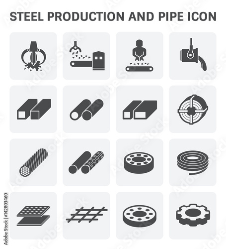 Steel production industry, manufacturing vector icon consist of worker, machine equipment and production line. Include process to casting product of steel, aluminum, iron or stainless i.e. pipe, roll.