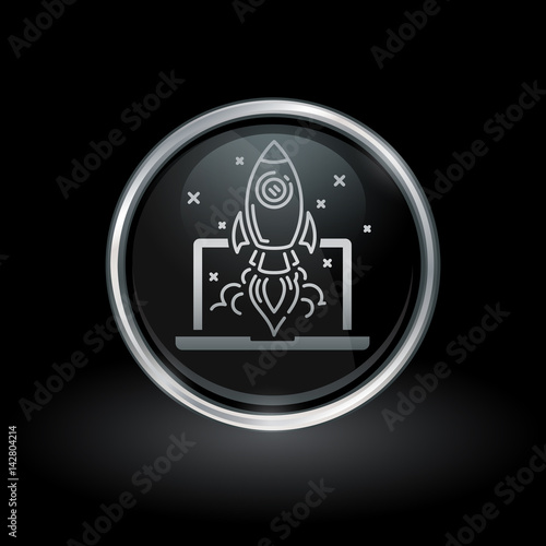 Website startup symbol with rocket launch from laptop icon inside round chrome silver and black button emblem on black background. Vector illustration.