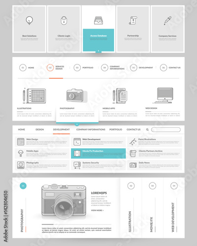 Website template elements with concept icons. Collection of various elements for web page navigation.