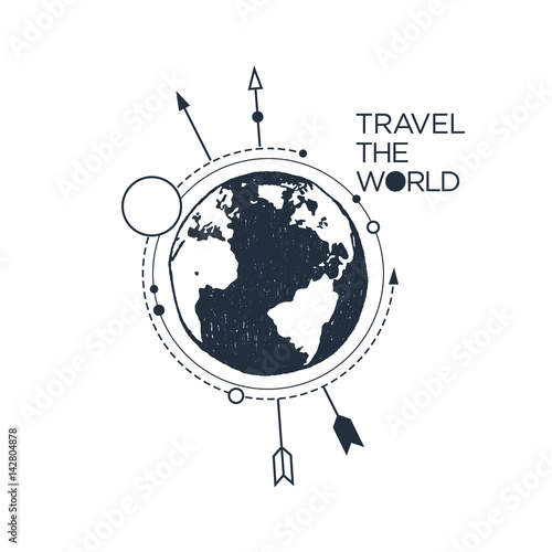Hand drawn inspirational badge with textured planet Earth vector illustration and "Travel the world" lettering.