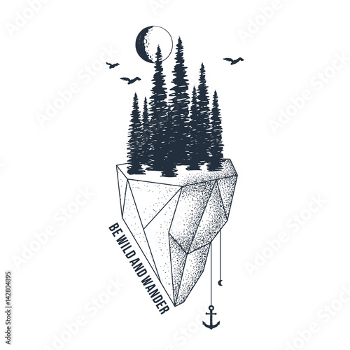 Hand drawn inspirational badge with textured forest vector illustration and "Be wild and wander" lettering.