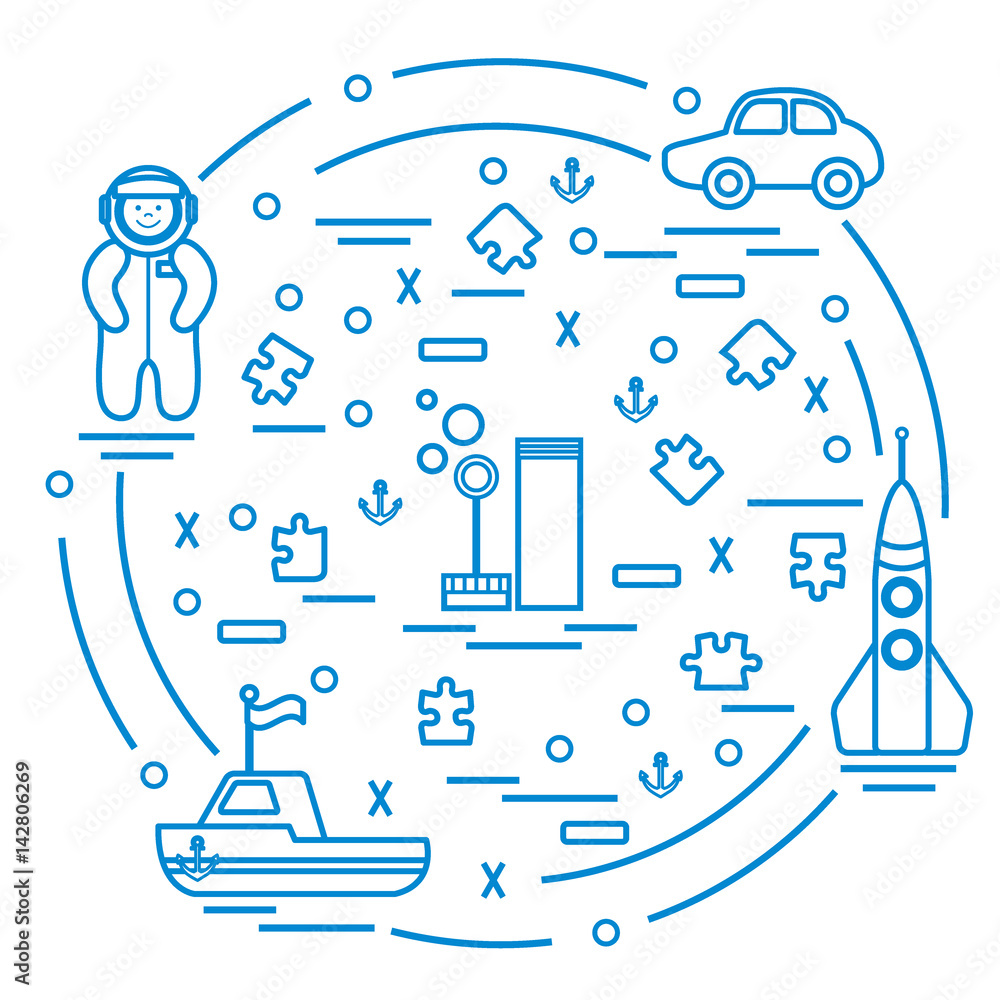 Vector illustration kids toys objects: astronaut, rocket, ship, car, puzzles and other. Vector illustration kids toys objects: astronaut, rocket, ship, car, puzzles and other.