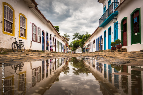 Colonial Portuguese Style Houses of Historical Paraty Center Reflected in Water photo