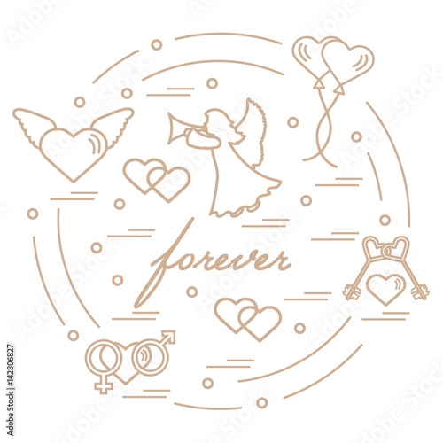Cute vector illustration with different love symbols: hearts, air balloons, key, angel and other  arranged in a circle.