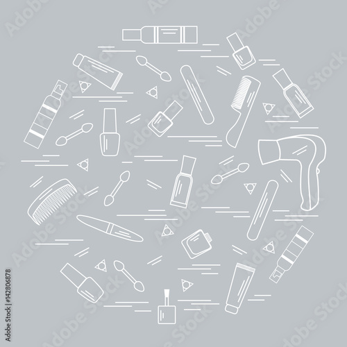Fototapeta Naklejka Na Ścianę i Meble -  Vector illustration various accessories for the care of your body arranged in a circle: hairdryer, comb, cream, nail polish and other.