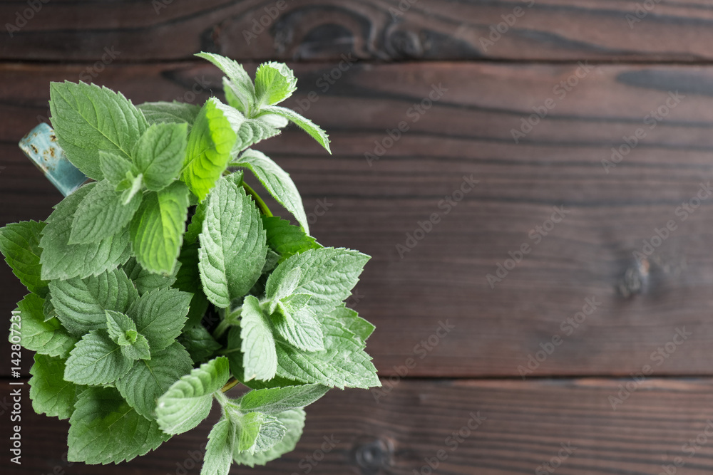 Twigs of mint in a cup on a wooden table with copy space Twigs of mint in a cup on a wooden table with copy space