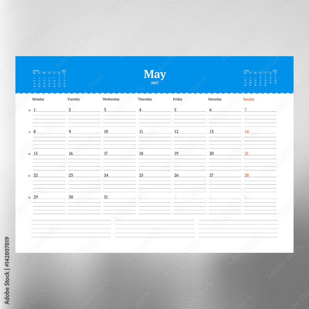 Calendar Template for May 2017. Week Starts Monday. Design Print Template. Vector Illustration Isolated Calendar Template for May 2017. Week Starts Monday. Design Print Template. Vector Illustration Isolated