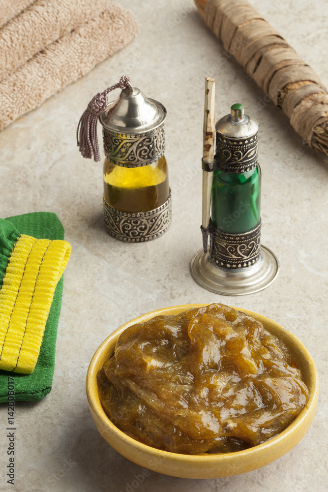 Fotografie Moroccan black argan soap in hammam