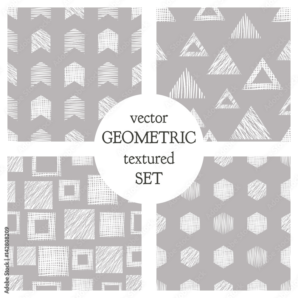 Set of seamless vector geometrical patterns with triangles, circle, squares. Grey pastel endless background with hand drawn textured geometric figures. Graphic vector illustration