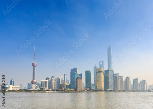 New Pudong skyline, looking across the Huangpu River from the Bund, Shanghai, China, Asia © clearjade