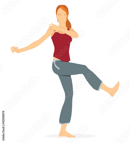 Capoeira; vector illustration.The barefoot girl performs a complex of movements of capoeira: crescent forward, me loya di french, Isolated on white background