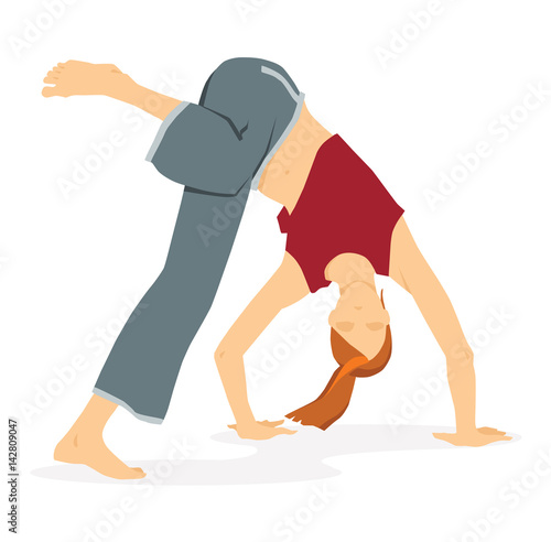 Capoeira; vector illustration.The barefoot girl performs a complex of capoeira movements: , a coup over the head, a wheel. Isolated on white background