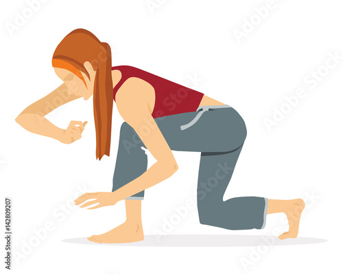 Capoeira; vector illustration. The barefoot girl performs a complex of capoeira movements:   an esque front. Isolated on white background. 
