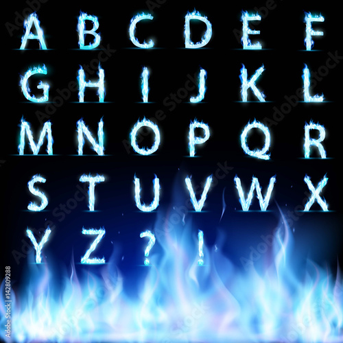 Set of letters. Font burning with a blue flame.
