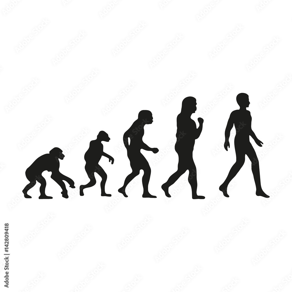 Man evolution. Silhouette progress growth development. Neanderthal and monkey, homo-sapiens or hominid, primate or ape with weapon spear or stick or stone. Vector illustration